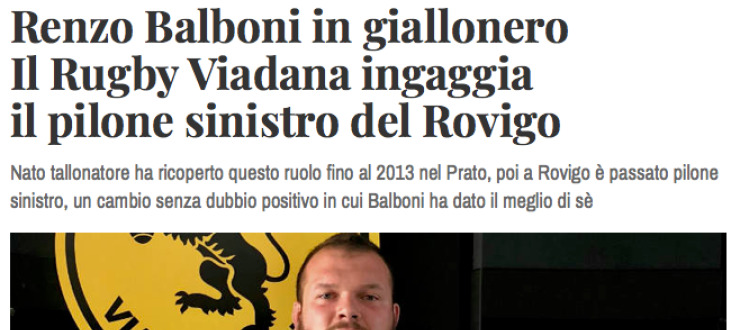 Renzo Balboni in giallonero Il Rugby Viadana ingaggia  il pilone sinistro del Rovigo