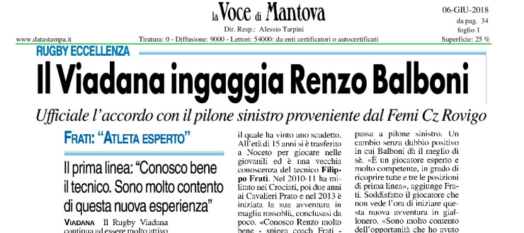 Il Viadana ingaggia Renzo Balboni