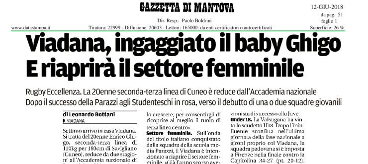 Viadana, ingaggiato il baby Ghigo e riaprirà il settore femminile