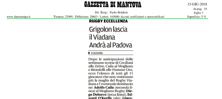 Grigolon lascia il Viadana 