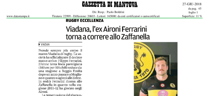 Viadana, l'ex Aironi Ferrarini torna a correre allo Zaffanella