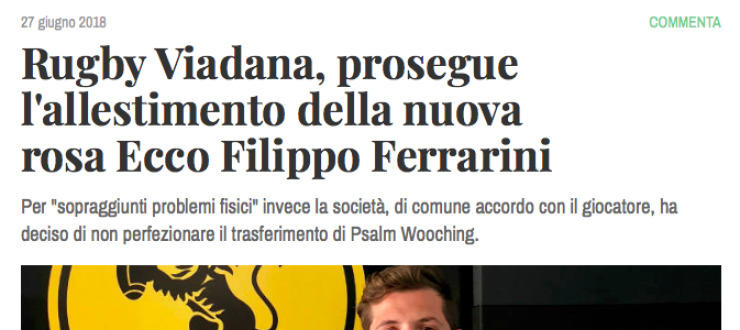 Rugby Viadana, prosegue l'allestimento della nuova rosa Ecco Filippo Ferrarini