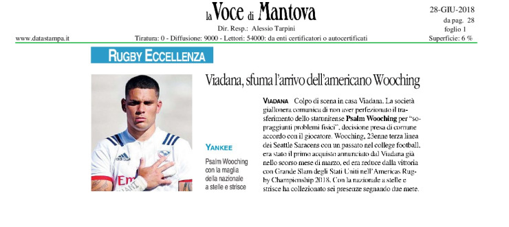 Viadana, sfuma l'arrivo dell'americano Wooching