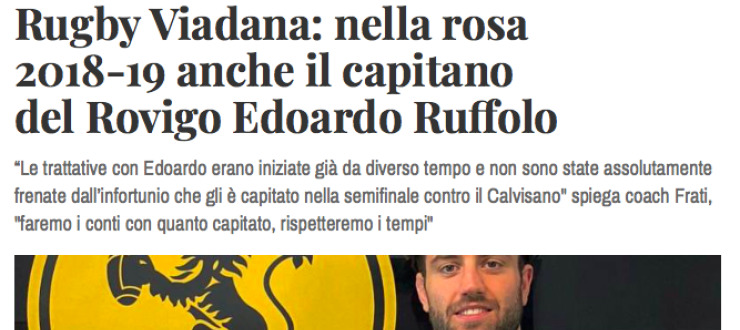 Rugby Viadana: nella rosa 2018-19 anche il capitano del Rovigo Edoardo Ruffolo