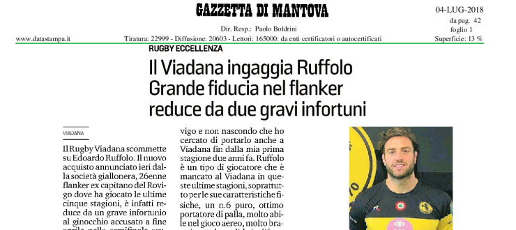 Il Viadana ingaggia Ruffolo 