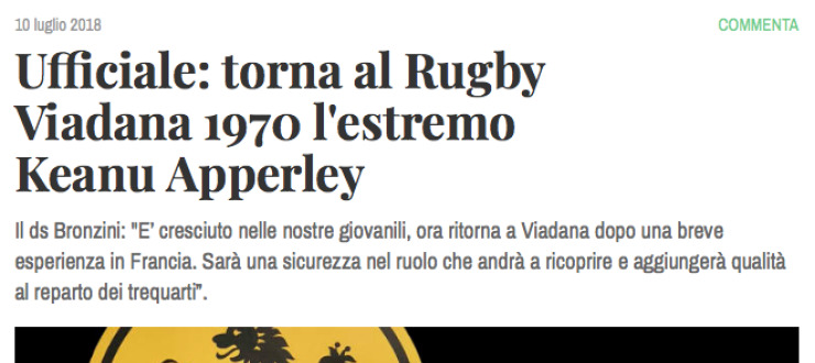 Ufficiale: torna al Rugby Viadana 1970 l'estremo Keanu Apperley