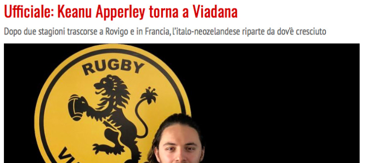 Ufficiale: Keanu Apperley torna a Viadana