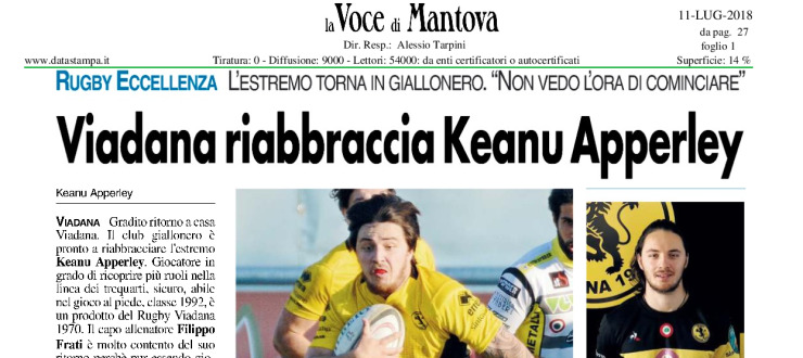 Viadana riabbraccia Keanu Apperley
