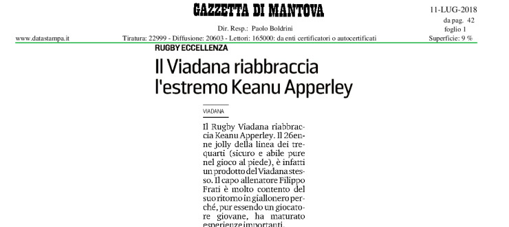 Il Viadana riabbraccia l'estremo Keanu Apperley