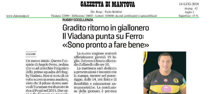 Gradito ritorno in giallonero. Il Viadana punta su Ferro