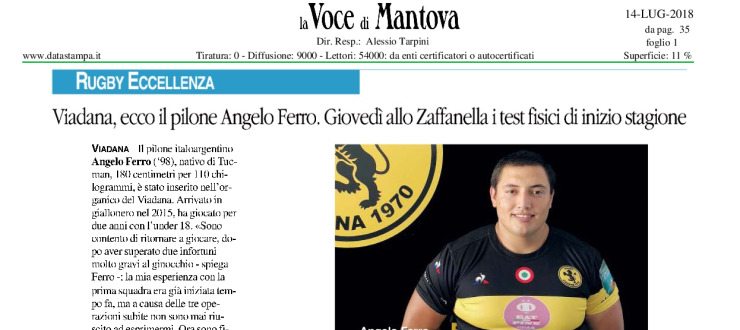 Viadana, ecco il pilone Angelo Ferro. Giovedì allo Zaffanella i test fisici di inizio stagione