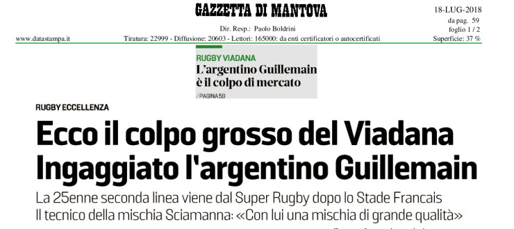Ecco il colpo grosso del Viadana. Ingaggiato l'argentino Guillemain
