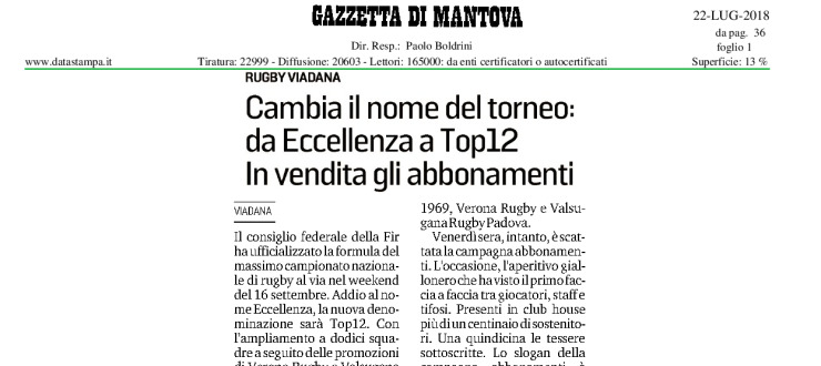 Cambia il nome del torneo: da Eccellenza a Top 12. In vendita gli abbonamenti