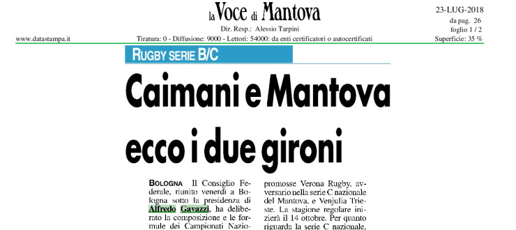 Caimani e Mantova ecco i due gironi