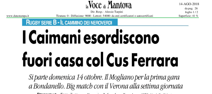 I Caimani esordiscono fuori casa col Cus Ferrara