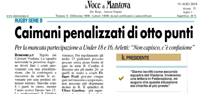 Caimani penalizzati di otto punti