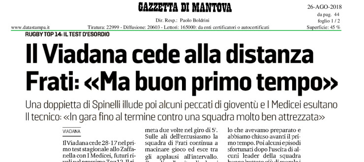 Il Viadana cede alla distanza. Frati:«Ma buon primo tempo»