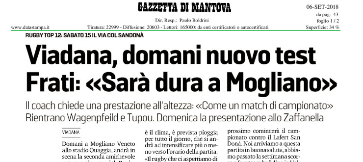 Viadana, domani nuovo test. Frati: «Sarà dura a Mogliano»