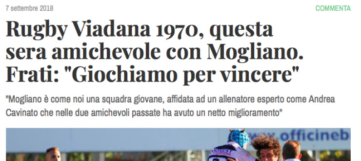 Rugby Viadana 1970, questa  sera amichevole con Mogliano.  Frati: "Giochiamo per vincere"