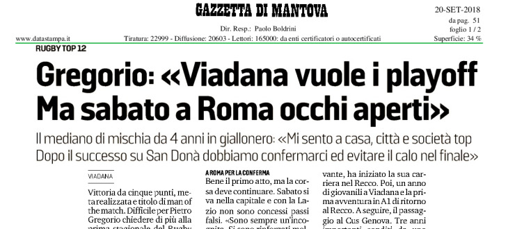 Gregorio: «Viadana vuole i playoff. Ma sabato a Roma occhi aperti»