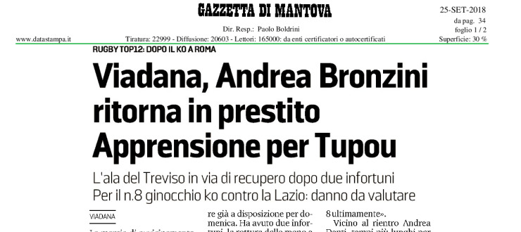 Viadana, Andrea Bronzini ritorna in prestito. Apprensione per Tupou
