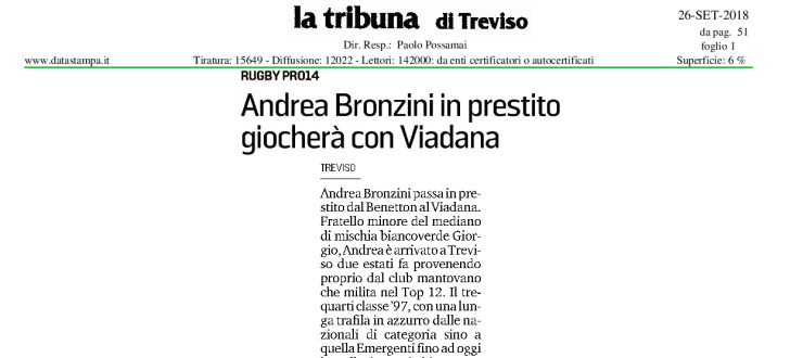 Andrea Bronzini in prestito giocherà con Viadana