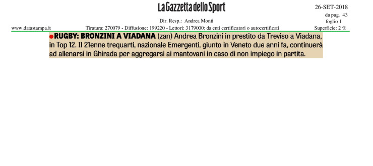 Rugby: Bronzini a Viadana