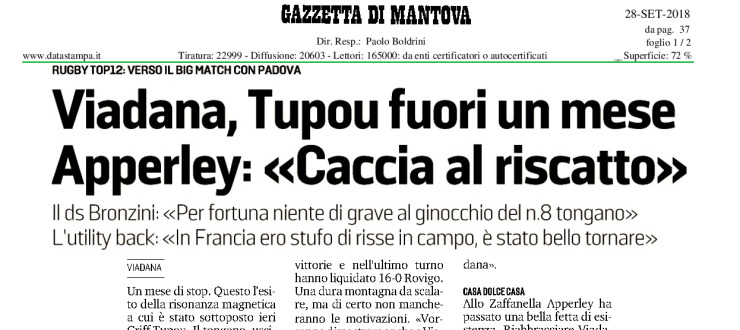 Viadana, Tupou fuori un mese. Apperley: «Caccia al riscatto»