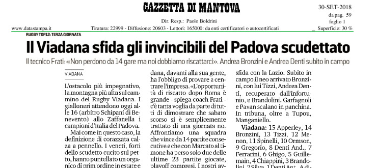 Il Viadana sfida gli invincibili del Padova scudettato