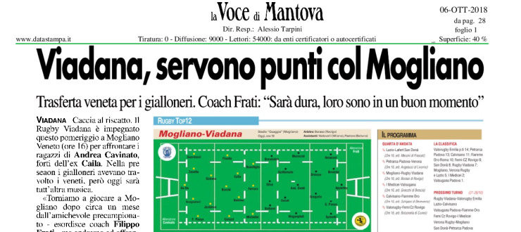 Viadana, servono punti col Mogliano