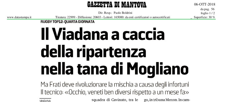 Il Viadana a caccia della ripartenza nella tana di Mogliano