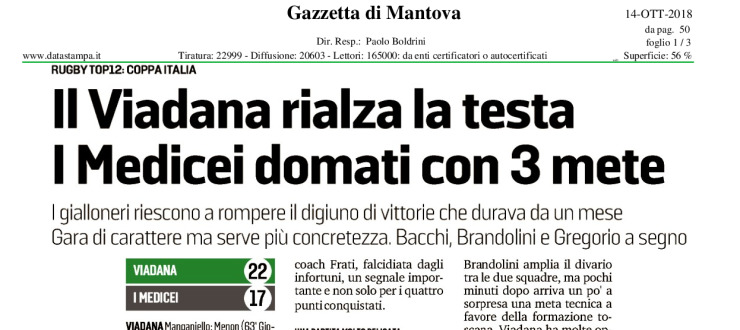 Il Viadana rialza la testa. I Medicei domati con3 mete