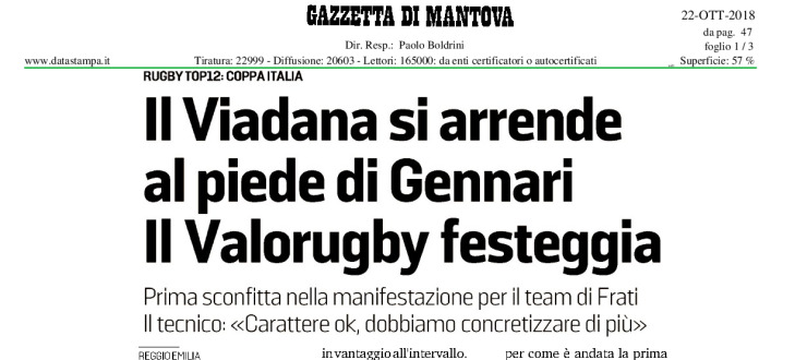 Il Viadana si arrende al piede di Gennari. Il Valorugby festeggia
