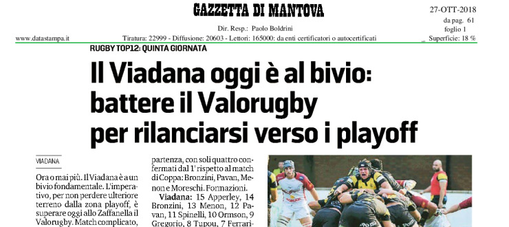 Il Viadana oggi è al bivio: battere il Valorugby per rilanciarsi verso i playoff