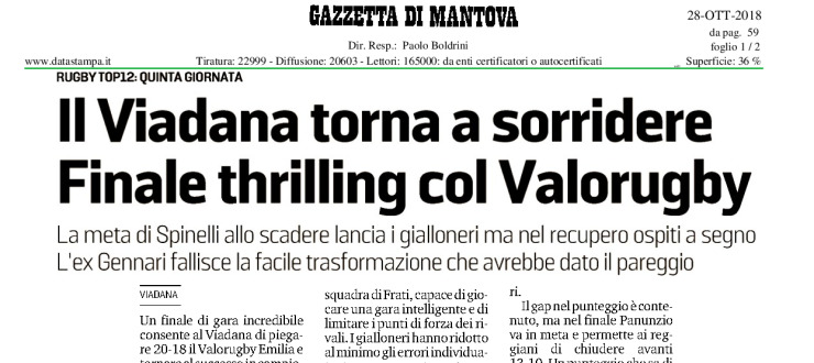 Il Viadana torna a sorridere. Finale thrilling col Valorugby