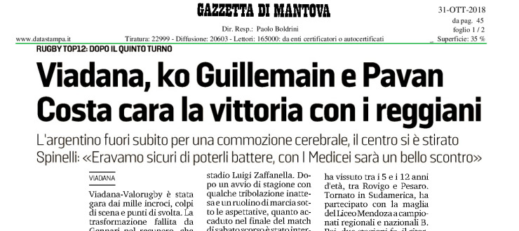 Viadana, ko Guillemain e Pavan. Costa cara la vittoria con i reggiani