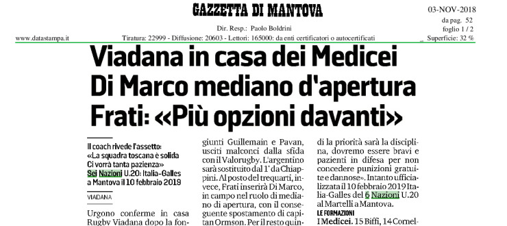 Viadana in casa dei Medicei. Di Marco mediano di apertura