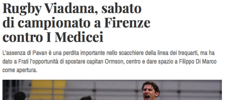 Rugby Viadana, sabato di campionato a Firenze contro I Medicei