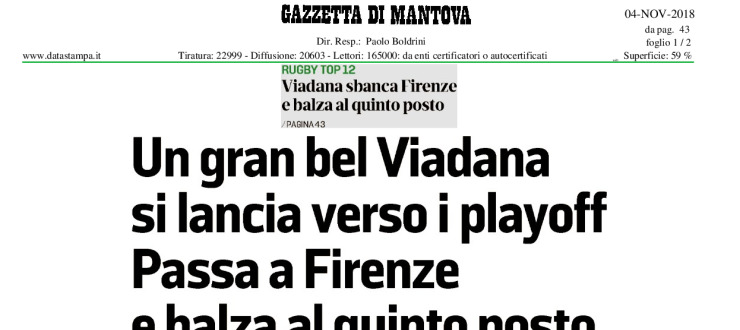 Un grand bel Viadana si lancia verso i playoff. Passa a Firenze e balza al quinto posto