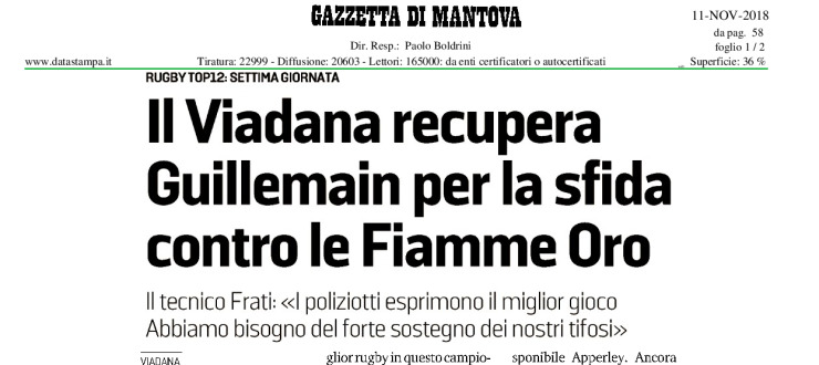 Il Viadana recupera Guillemain per la sfida contro le Fiamme Oro