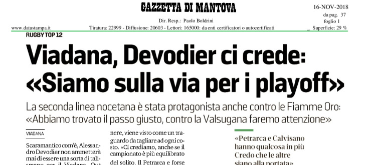 Viadana, Devodier ci crede: "Siamo sulla via per i playoff"