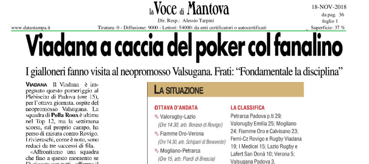 Viadana a caccia del poker col fanalino