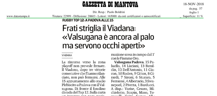 Frati striglia il Viadana: "Valsugana è ancora al palo ma servono occhi aperti"