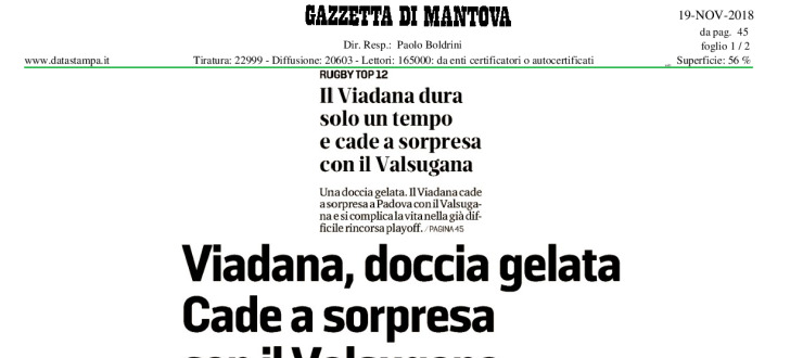 Viadana, doccia gelata. Cade a sorpresa con il Valsugana e si complica la vita