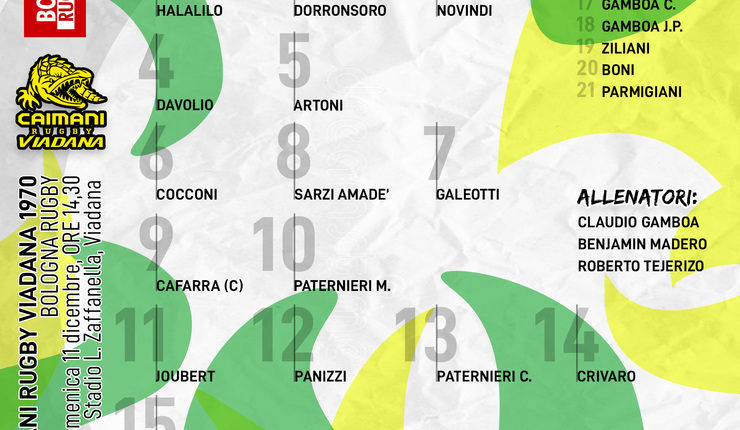 CAIMANI: SCELTA LA FORMAZIONE PER LA DIFFICILE SFIDA AL RUGBY BOLOGNA 